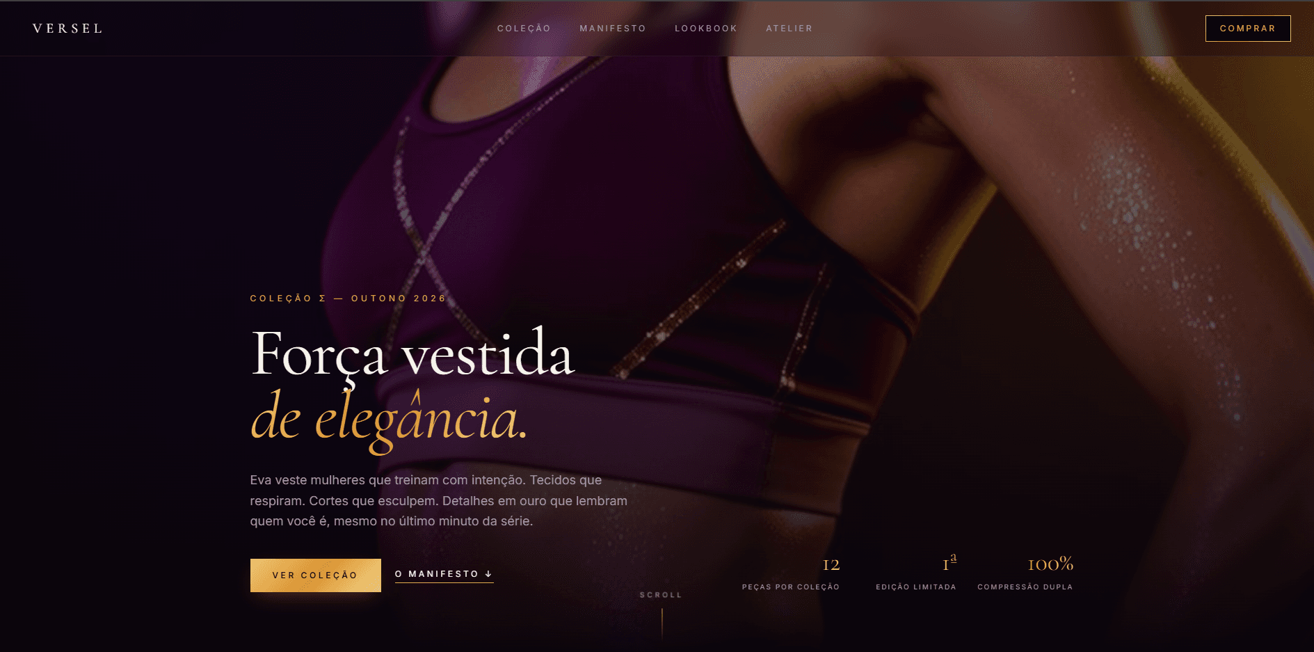 Site de moda fitness desenvolvido pela Versel, com vitrine de coleção e identidade sofisticada