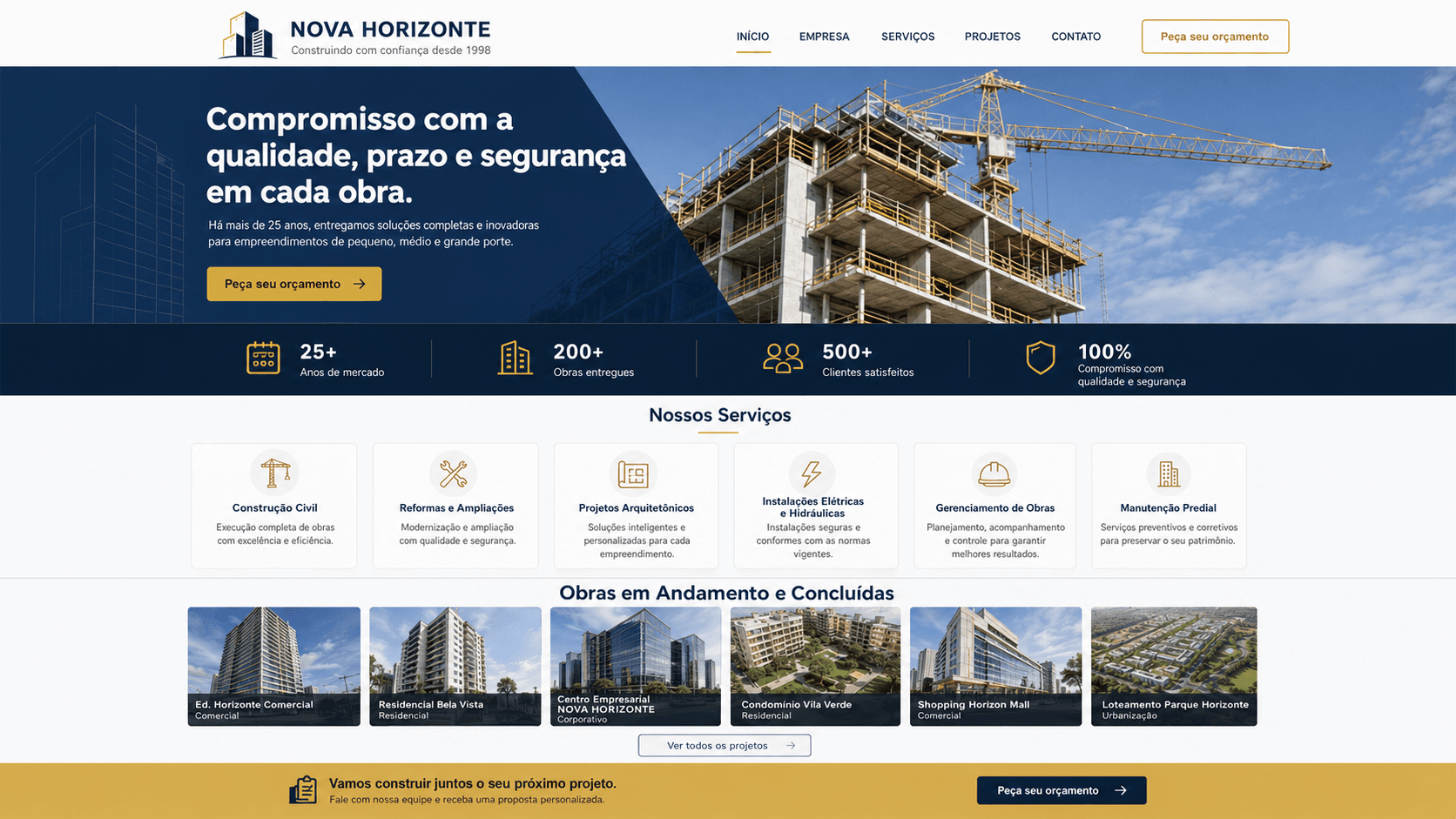 Site da construtora Nova Horizonte reformulado pela Versel, com hero moderno, indicadores de resultado e seções de conversão