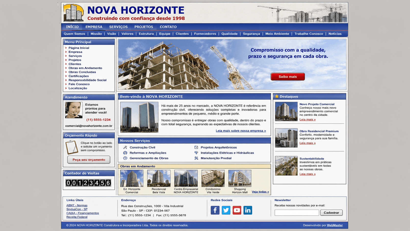 Site antigo da construtora Nova Horizonte, com layout datado, menus sobrecarregados e visual dos anos 2000